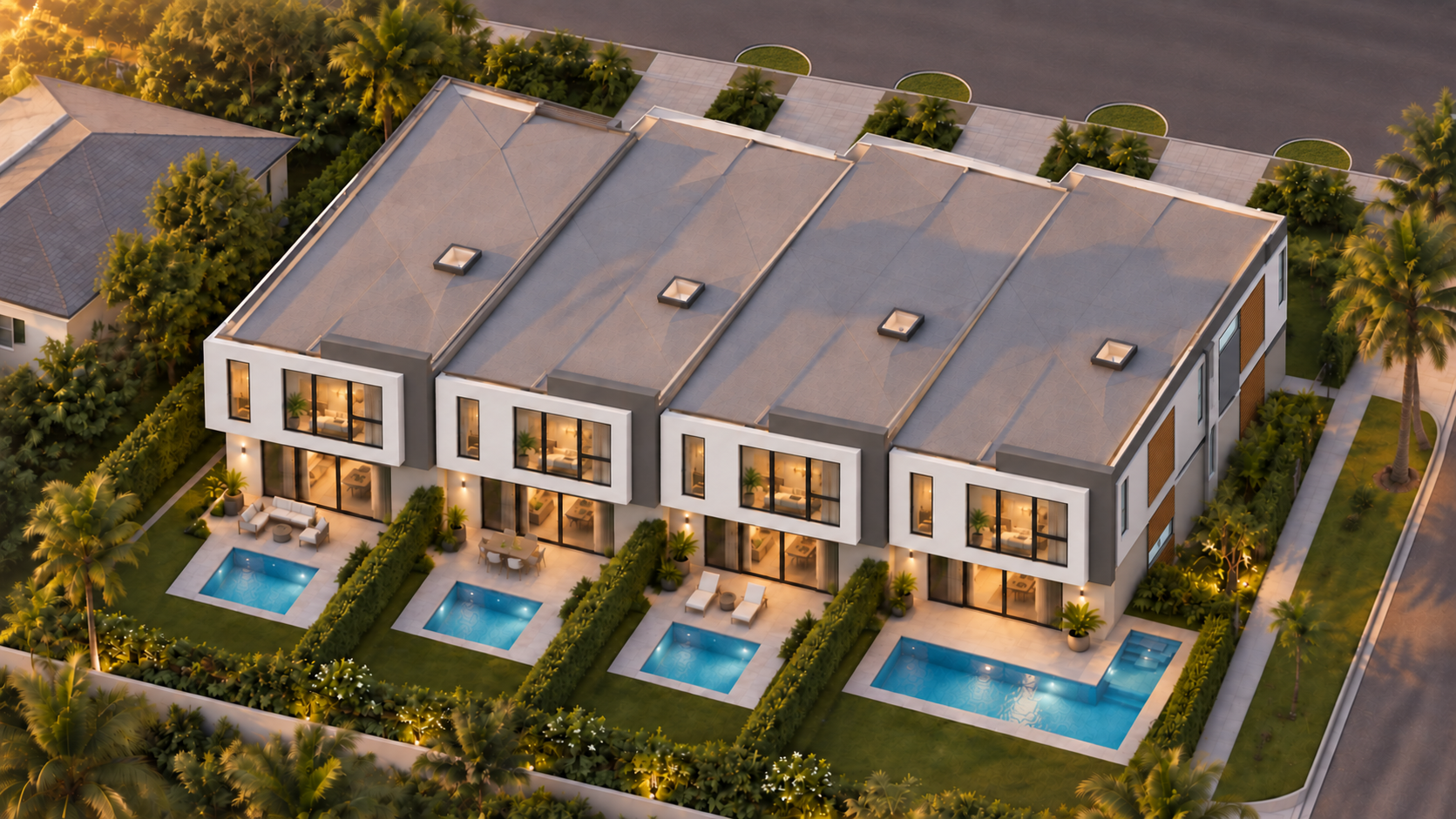 Aerial evening view of the four NOVA private residences with private pools