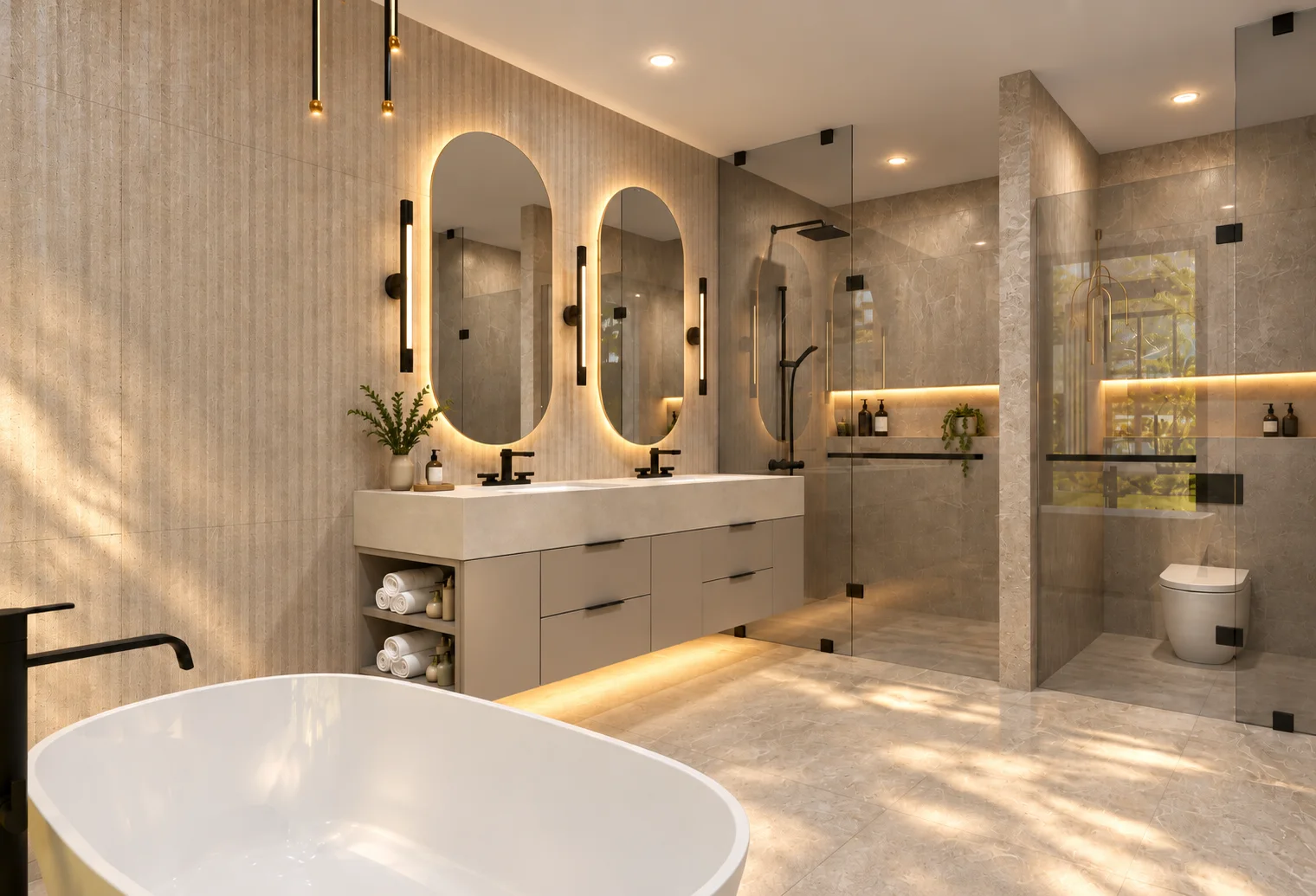 Bathroom with twin backlit mirrors