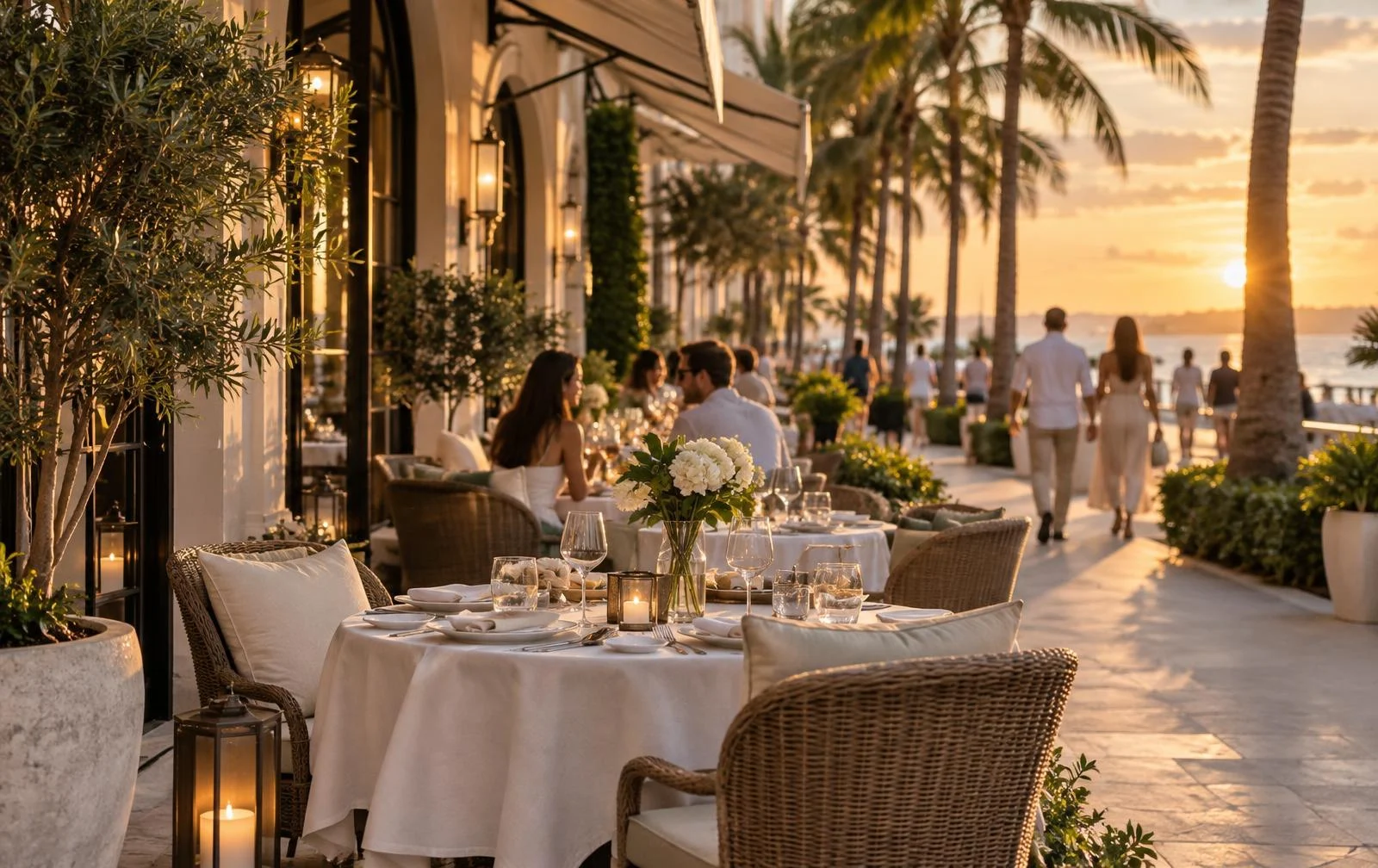 Outdoor dining terrace on a palm-lined South Florida boulevard