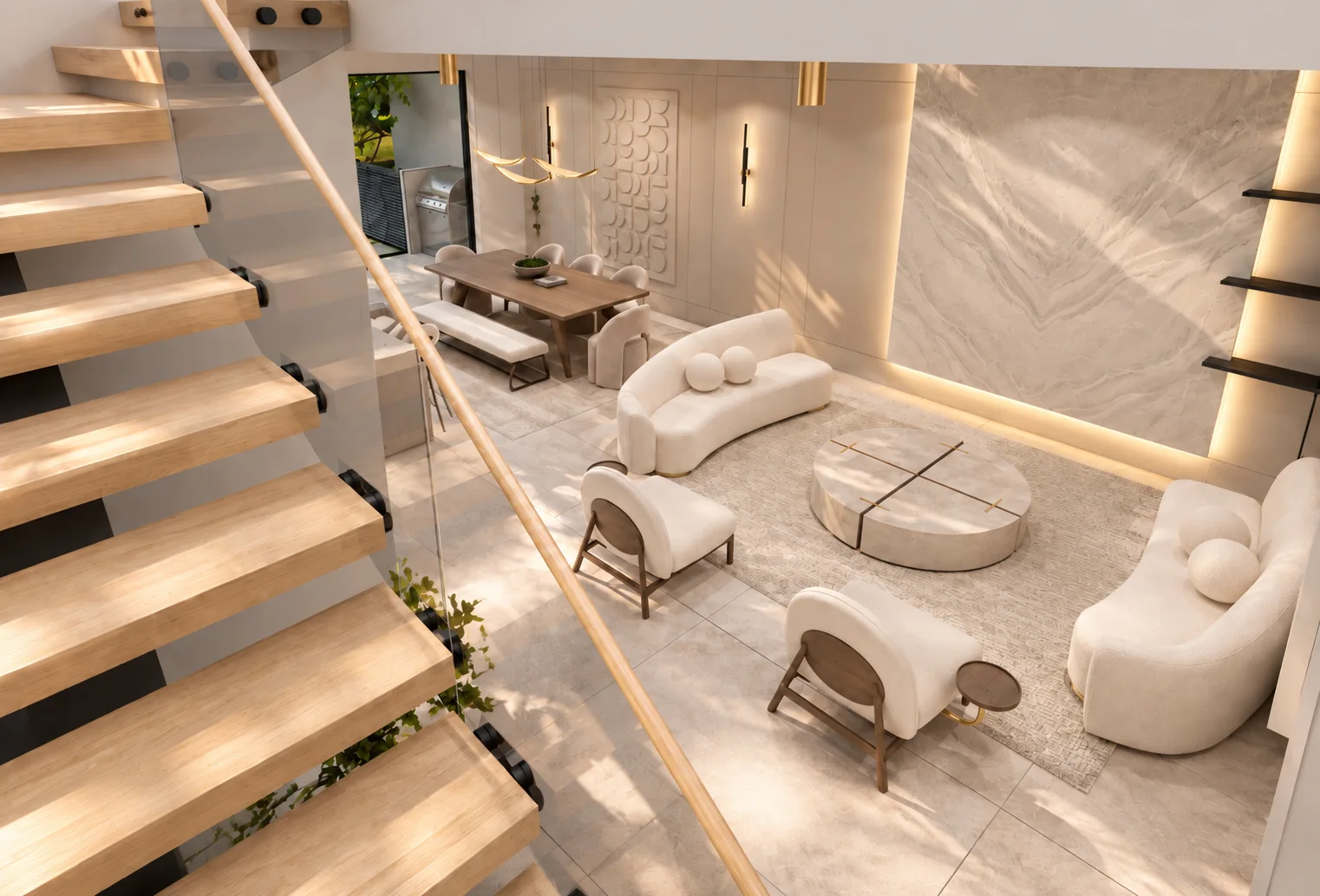 Stair seen from above with living room below