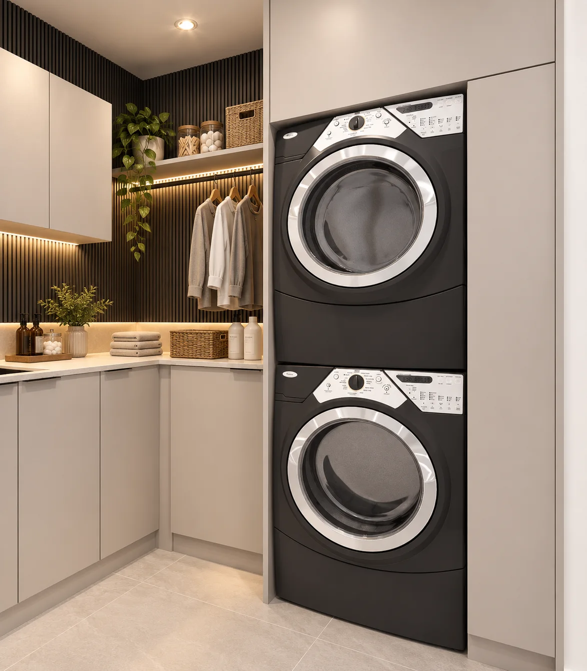 Utility room with stacked laundry