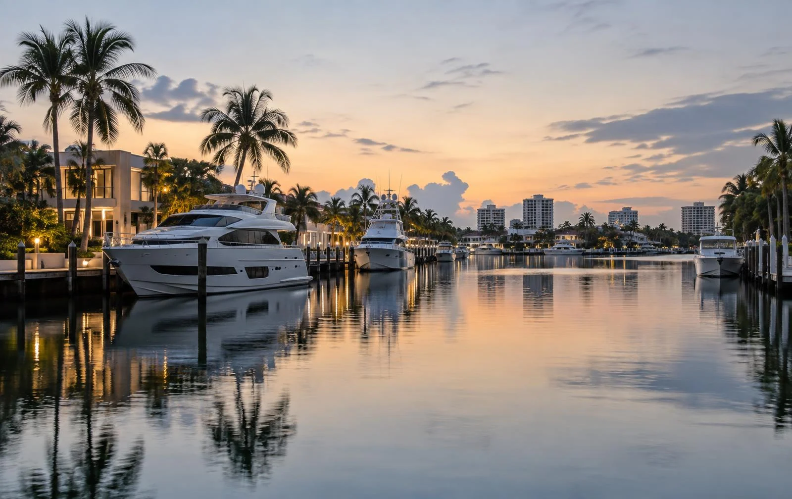 Yachts moored along a Fort Lauderdale waterway at dusk